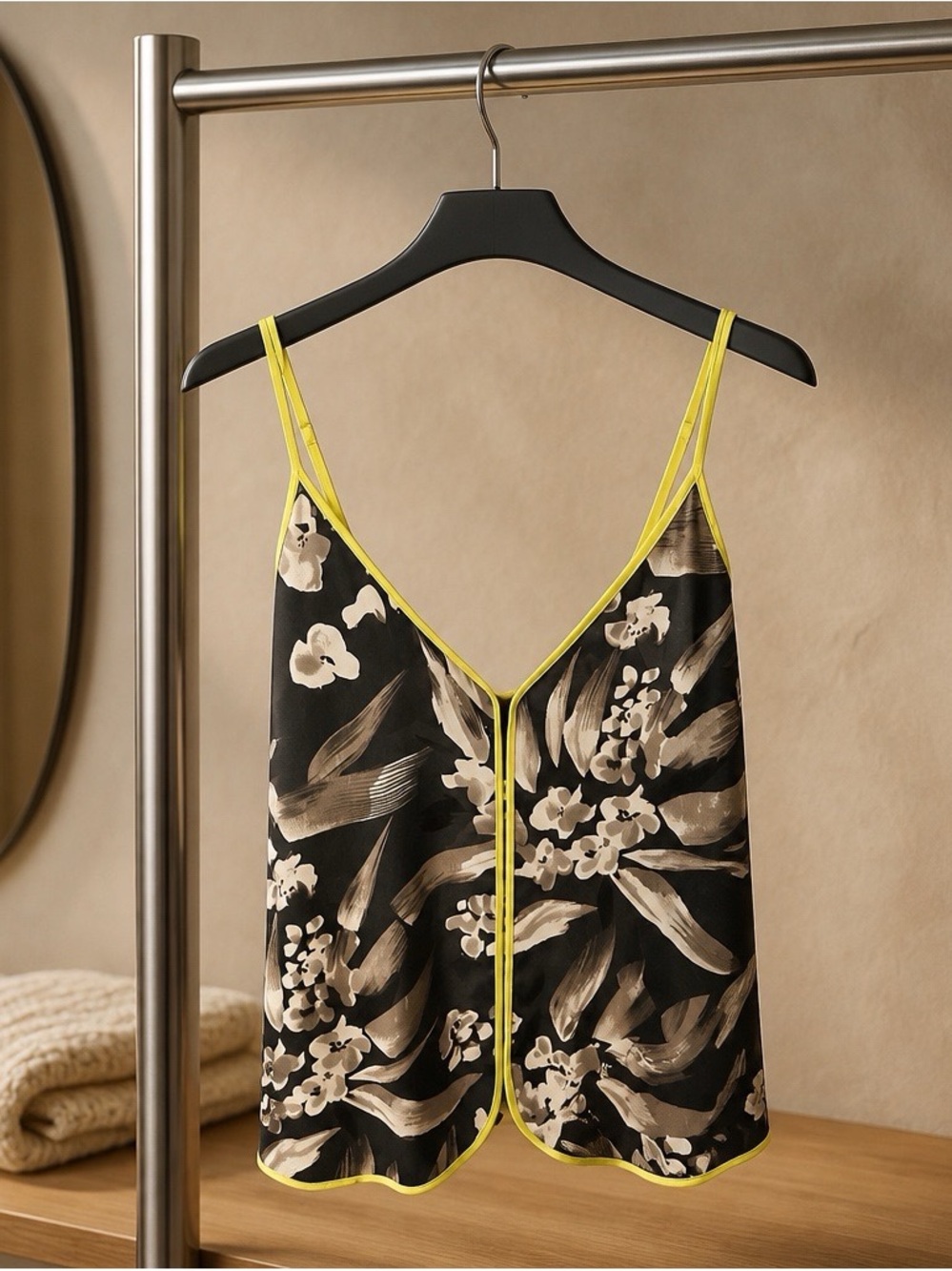 Aqua label-Dark Green Floral Camisole with Chartreuse Green Piping
